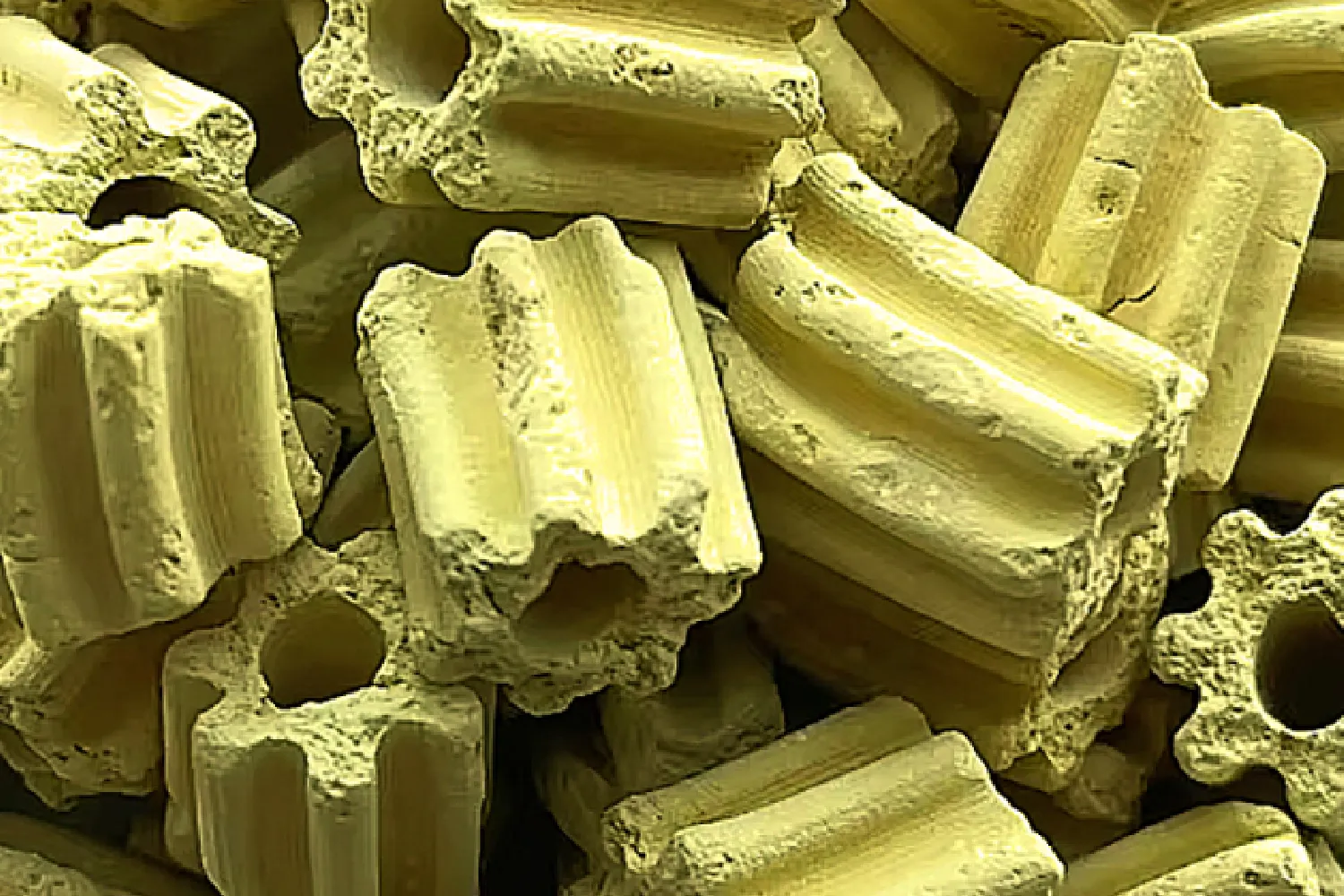 黄色い多孔質の工業用触媒の拡大写真